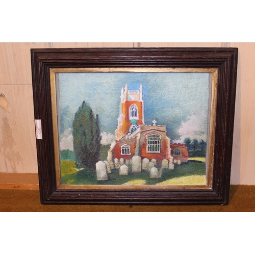 55 - Oil on board, view of Stoke-by-Nayland, signed with initials, inscribed verso and dated 1983, 30cms ... 