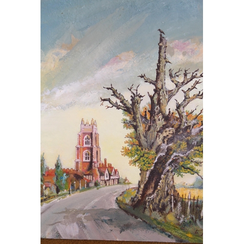 55 - Oil on board, view of Stoke-by-Nayland, signed with initials, inscribed verso and dated 1983, 30cms ... 