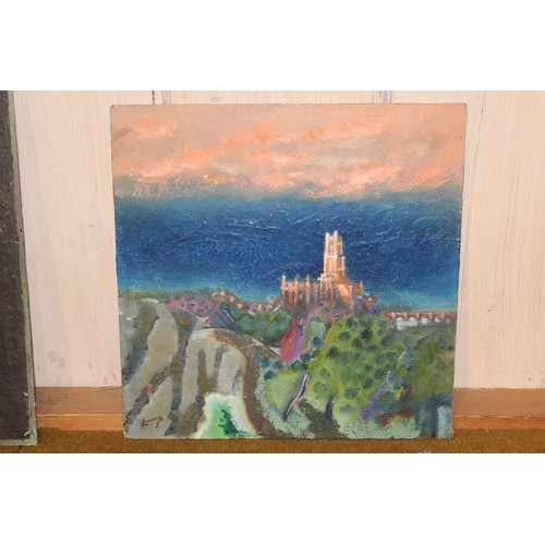 56 - Oil on panel, view of Albi, 26cms square approximately, together with an oil on canvas laid down on ... 