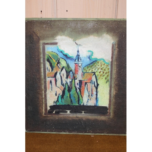 56 - Oil on panel, view of Albi, 26cms square approximately, together with an oil on canvas laid down on ... 