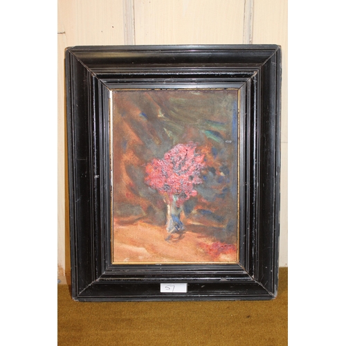 57 - Oil on canvas board, still life, red flowers in a vase, 24cms x 17cms, in an ebonised frame together... 