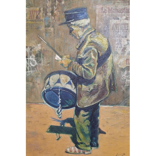 64 - Oil on canvas, portrait of an elderly marching drummer standing before a fence with posters etc., si... 