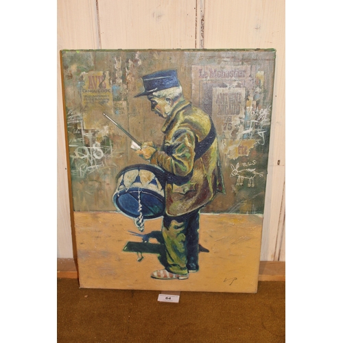 64 - Oil on canvas, portrait of an elderly marching drummer standing before a fence with posters etc., si... 