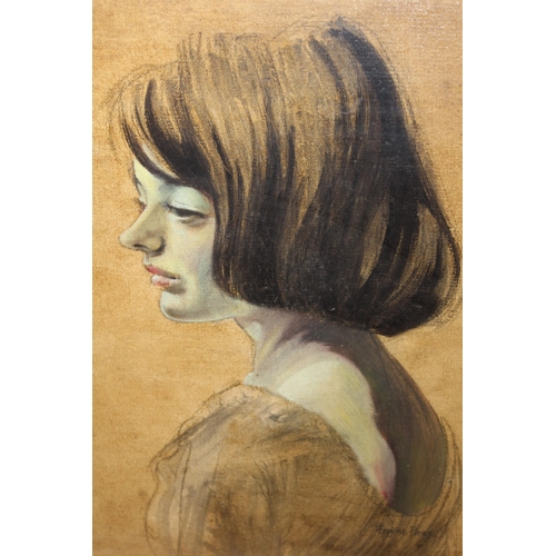 65 - Mixed media on canvas board, portrait of a young lady in profile, signed, 50cms x 39cms, in a swept ... 