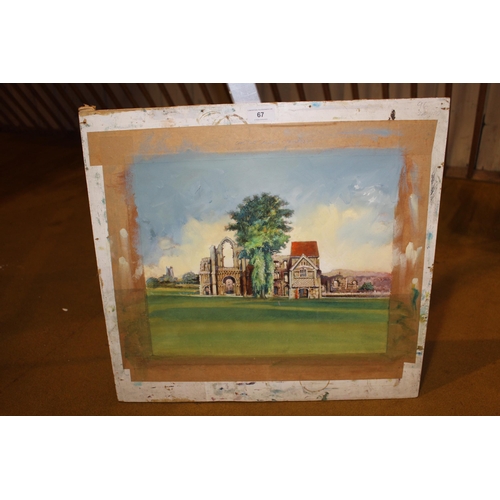 67 - Watercolour, view of Castle Acre, Norfolk, 30cms x 37cms together with a mixed media, botanical stud... 