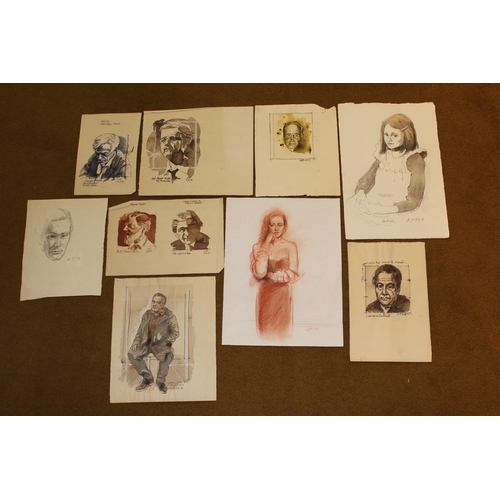 69 - Folder containing a collection of approximately thirty pencil crayon and watercolour portraits, the ... 