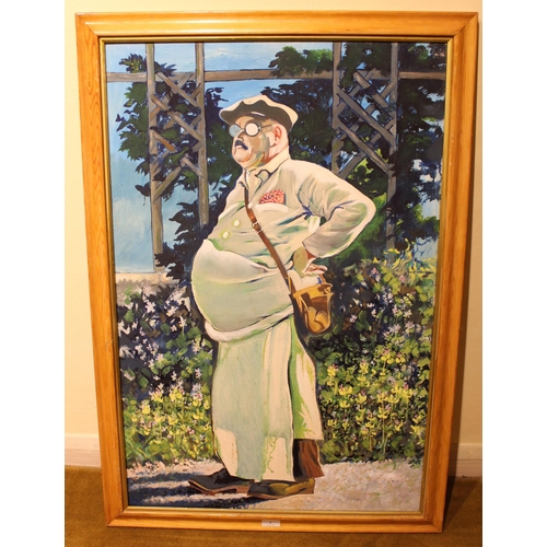 7 - Oil on canvas, study of a portly gentleman wearing a cap and satchel standing in a garden, 91.5cms x... 