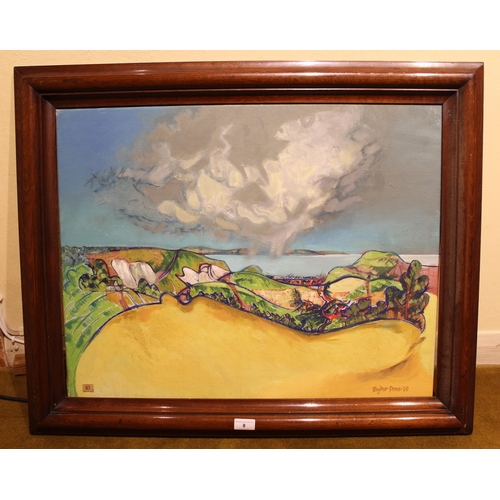 8 - Oil on canvas, coastal landscape with a passing storm cloud, signed and dated '69, signed again and ... 