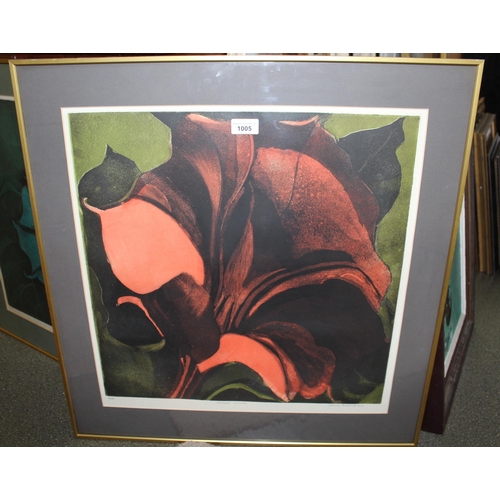 1005 - Penny Ormerod, limited edition coloured print numbered 6/25 'Trumpet Flower', signed and dated 1977,... 