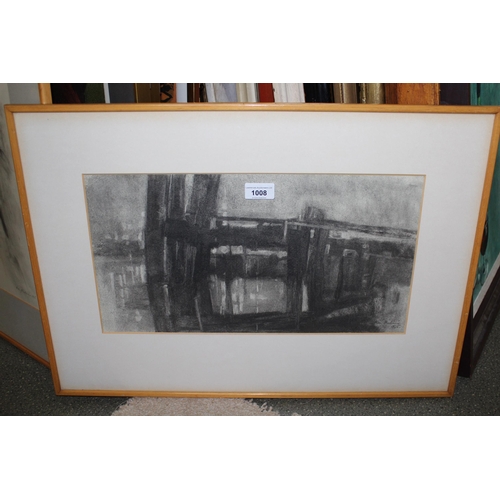 1008 - Mary Malenoir, charcoal sketch, river scene with bridge, signed, dated 1965, 23cm x 45cm, together w... 