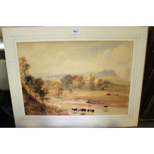 1013 - Circle of Peter De Wint, unframed 19th Century watercolour landscape with cattle and distant church,... 