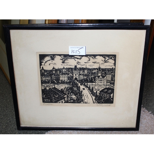 1015 - E A Bischof, pair of black and white woodcut prints, views of Prague, signed in pencil by the artist... 