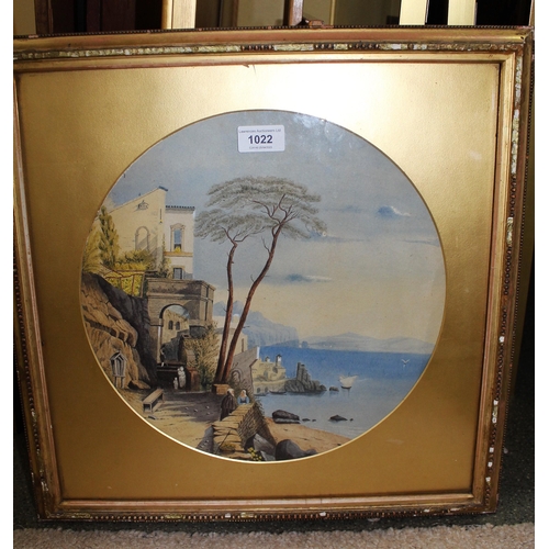 1022 - Italian school watercolour, coastal scene, circular 31cm diameter, gilt framed