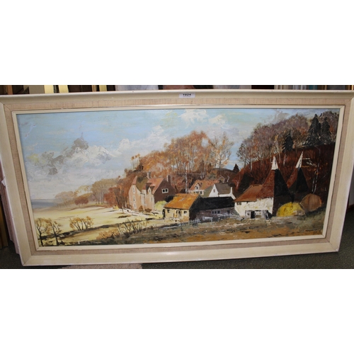 1024 - 20th Century oil on board, farmyard scene, signed indistinctly, 37cms x 82cms, framed