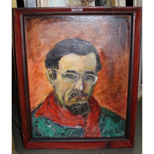 1025 - 20th Century oil on canvas applied to board, head and shoulder portrait of a man, 48cms x 38cms, fra... 