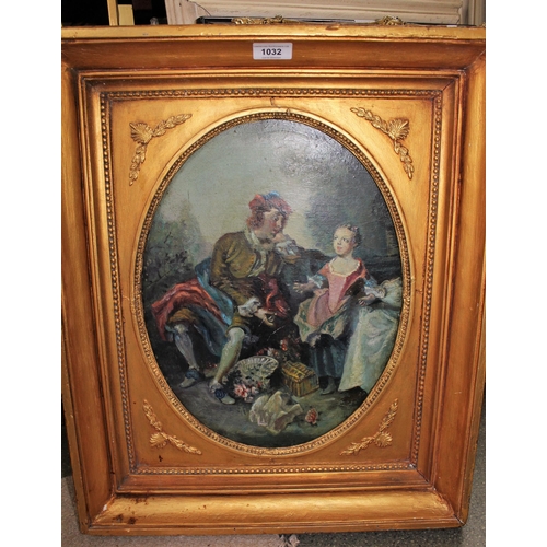 1032 - 20th Century oval mounted oil on board, romantic garden scene, 40cms x 30cms, gilt framed