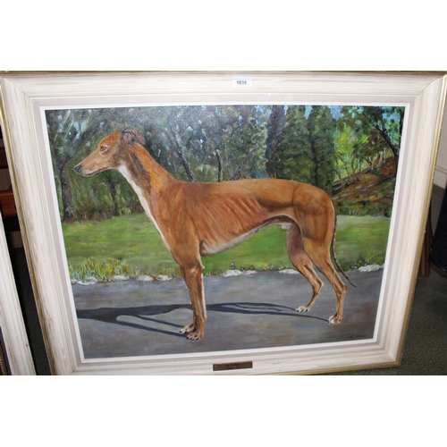 1035 - M.M. Arends, 20th Century oil on canvas, portrait of the greyhound ' Bomber ', signed, 59cms x 74cms... 