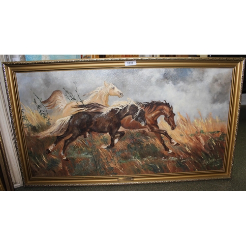 1036 - Julia Burks, 20th Century oil on canvas, wild horses entitled ' Freedom ', 40cms x 75cms, gilt frame... 