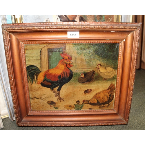 1038 - 20th Century oil on card, chickens in a farmyard, 25cms x 32cms, gilt framed