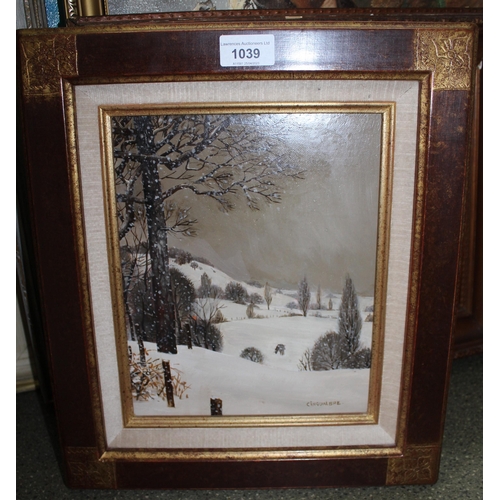 1039 - Oil on canvas, winter landscape, signed Cinqualbre, 25cms x 20cms, framed, together with an oil on c... 