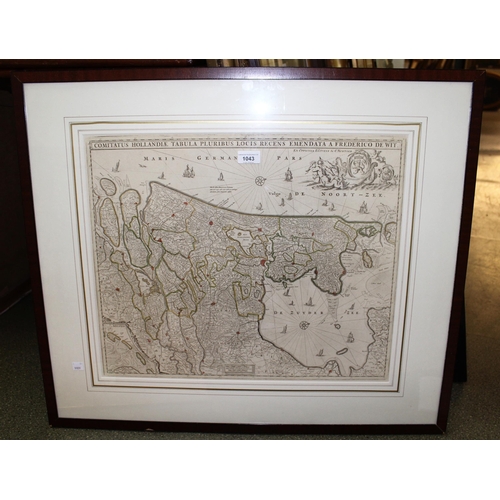 1043 - Antique hand coloured map of Holland by Frederick de Wit, 46cms x 56cms, framed