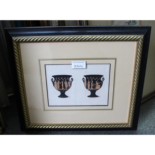 1044 - Set of three 19th Century hand coloured lithographs, various antique classical urns, 17cms x 13cms, ... 