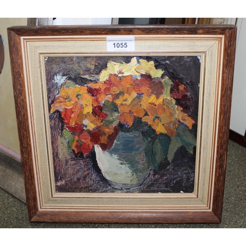 1055 - Oil on board, still life of flowers in a pottery jar, 21cms x 22cms, together with an oil on board, ... 