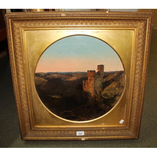 1064 - 19th Century oil on canvas, castle ruins in a landscape, 41cms diameter (circular mounted), gilt fra... 