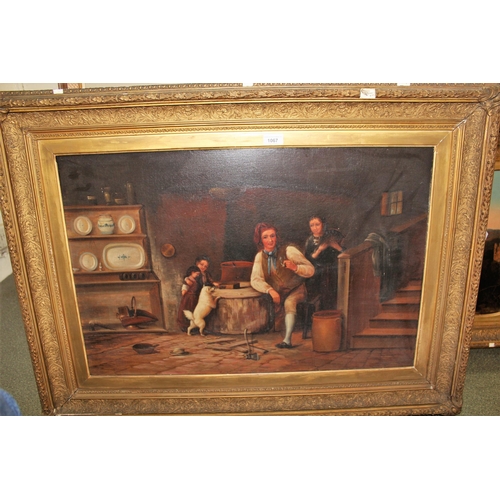 1067 - 19th Century oil on canvas, family group in a cottage interior, unsigned, 51cms x 76cms, gilt framed