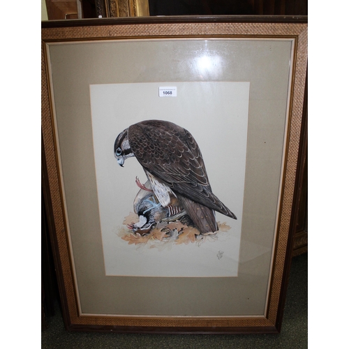 1068 - Kenneth J. Wood, watercolour, ' Female Peregrine Falcon and Red Legged Partridge ', signed and dated... 