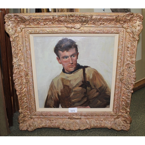 1070 - Modern British school, oil on canvas, half length portrait of a man, 33cms square, in a swept gilt f... 