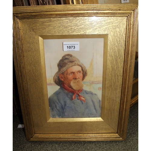 1073 - Frederick McNomara Evans, watercolour, portrait of a fisherman on a quayside, 21cms x 14cms, gilt fr... 