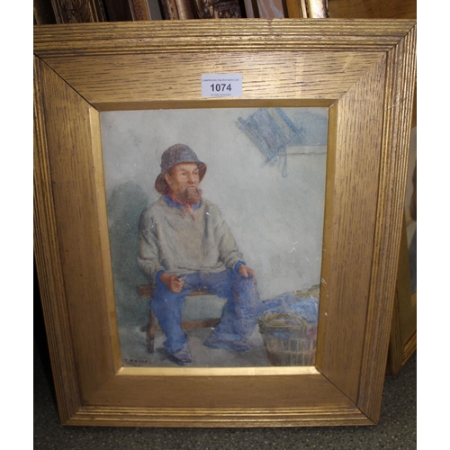 1074 - Frederick McNomara Evans, watercolour, study of a seated fisherman, 28cms x 22cms (surface damages),... 