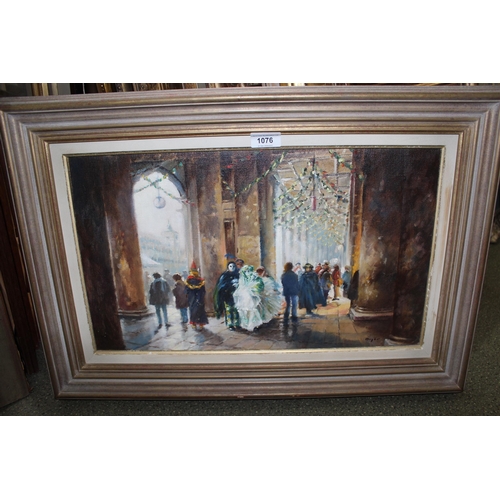 1076 - Ted Dyer, oil on canvas, Venetian carnival scene, signed Dyer, 30cms x 50cms approximately, framed