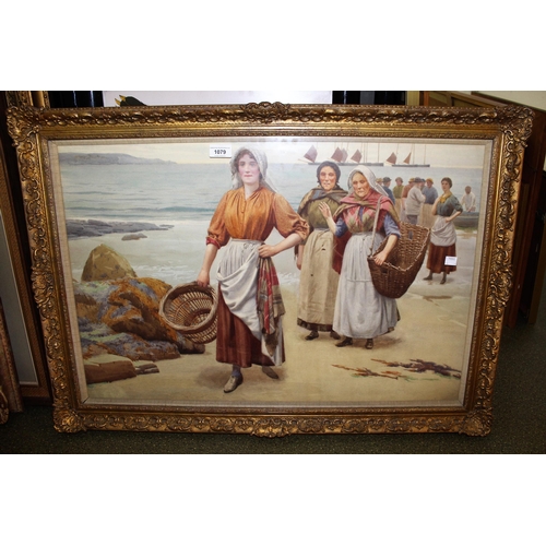 1079 - An ornate gilt framed colour print of fisherfolk on a beach, together with another of a cow and calv... 