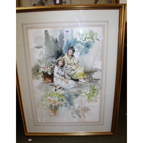 1086 - Gordon King, watercolour, study of two seated girl flower sellers, signed, 53cms x 37cms, gilt frame... 