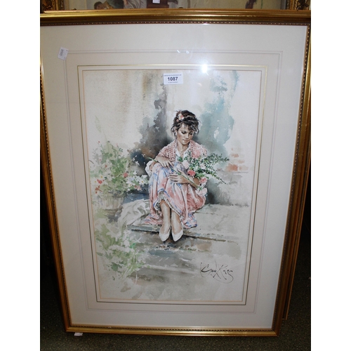 1087 - Gordon King, watercolour, seated girl with a bouquet of flowers, signed, 52cms x 35cms, gilt framed