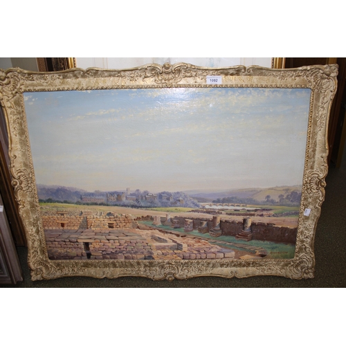 1092 - Allan B. Charlton, 20th Century oil on canvas, ruins in a landscape with distant bridge, Corbridge, ... 