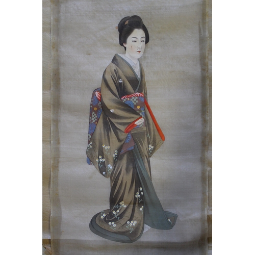 1093 - Pair of Japanese watercolours on silk of Geishas, unframed, 78cms x 35cms each