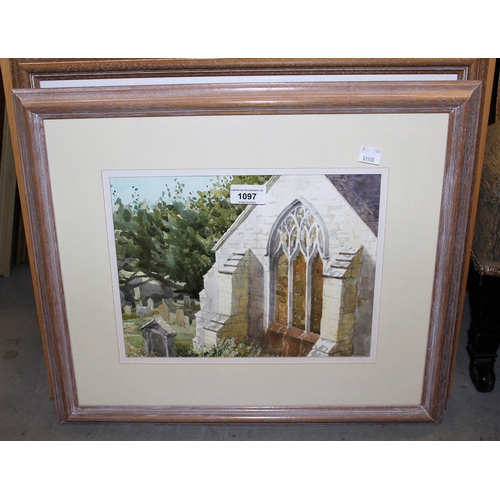 1097 - Rod Williams, watercolour, east window at Neverne Church, signed, 22cms x 29cms, framed, together wi... 