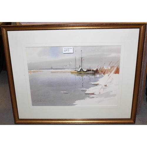 1097 - Rod Williams, watercolour, east window at Neverne Church, signed, 22cms x 29cms, framed, together wi... 