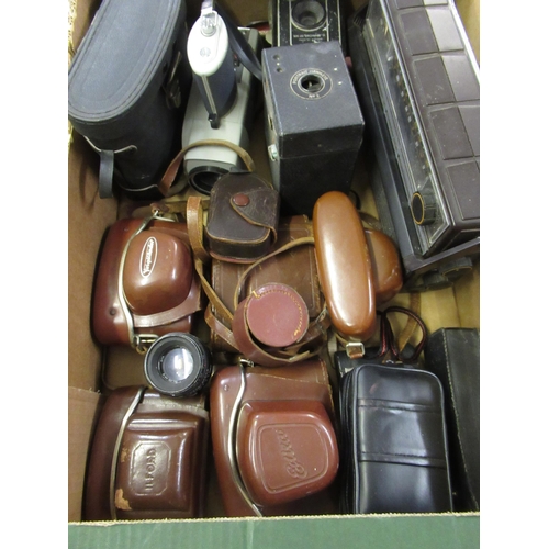 110 - Box containing a quantity of various cameras including Voigtlander and other accessories etc.