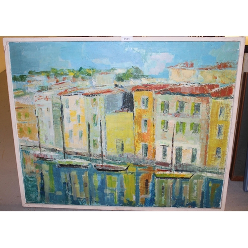 1101 - Mid 20th Century oil on canvas, study of boats and buildings, 66cms x 81cms, together with an oil on... 