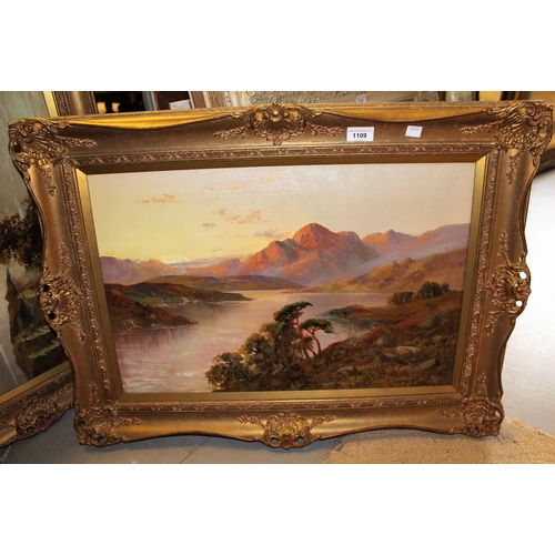 1109 - F.E. Jamieson, oil on canvas, Highland lake scene, signed, 39cms x 59cms, gilt framed