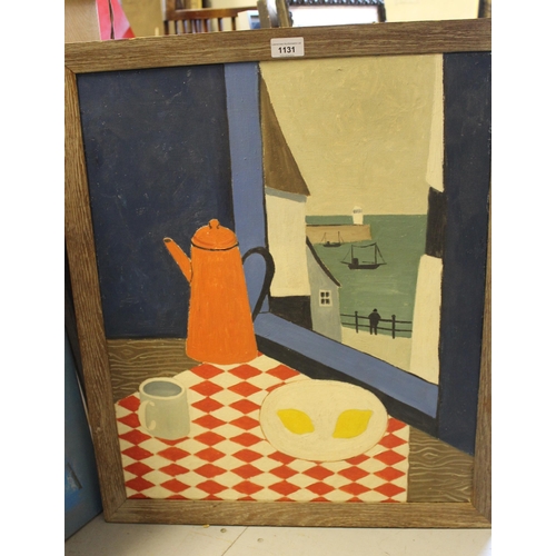 1131 - Modern British school, oil on canvas, still life by a window with view to a harbour, 60cms x 50cms