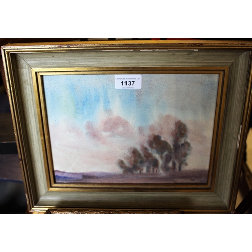 1137 - Framed watercolour, landscape and sky study, monogrammed G.C., 19cms x 26cms