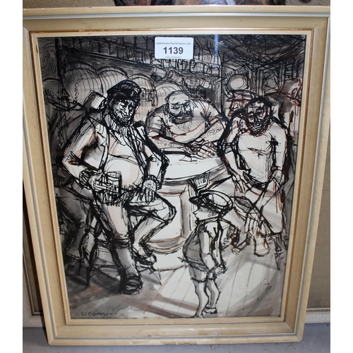 1139 - Irish school ink and wash, figures in a pub interior, signed O'Connor, 34cms x 27cms