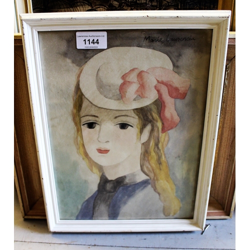 1144 - In the manner of Marie Laurencin, watercolour portrait of a young lady wearing a bonnet, 30cms x 22c... 