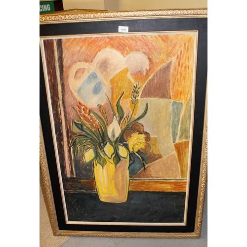 1149 - Bloomsbury group style, oil on canvas, still life with flowers and foliage in a vase, 90cms x 60cms