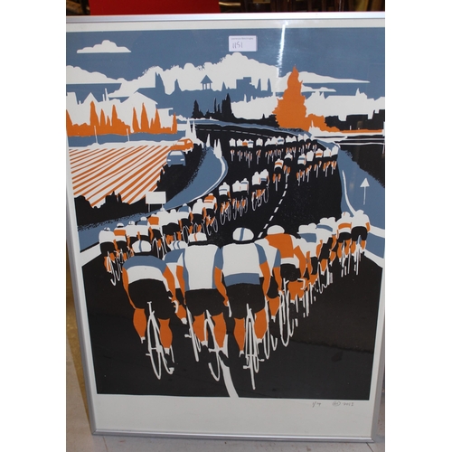 1151 - Two framed screen prints, cycling scenes, ' Café to Café ', artists proof and similar scene, both mo... 